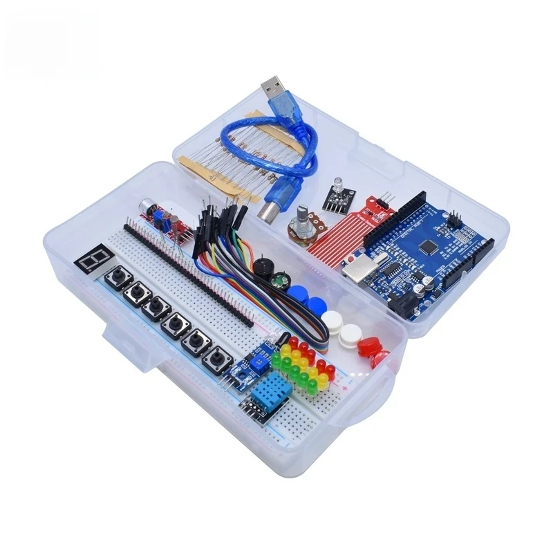 Starter Kit for Arduino Uno R3 Breadboard Basic simple learning kit, sound/water level/humidity/distance detection, LED control