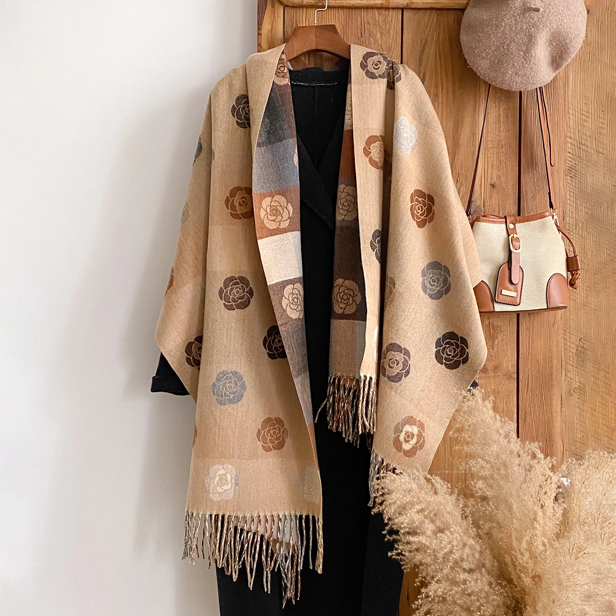 

Новый элегантный шарф с принтом камелии, мягкая теплая длинная шаль из пашмины с кисточками, осенне-зимнее уличное холодостойкое ветрозащитное одеяло
