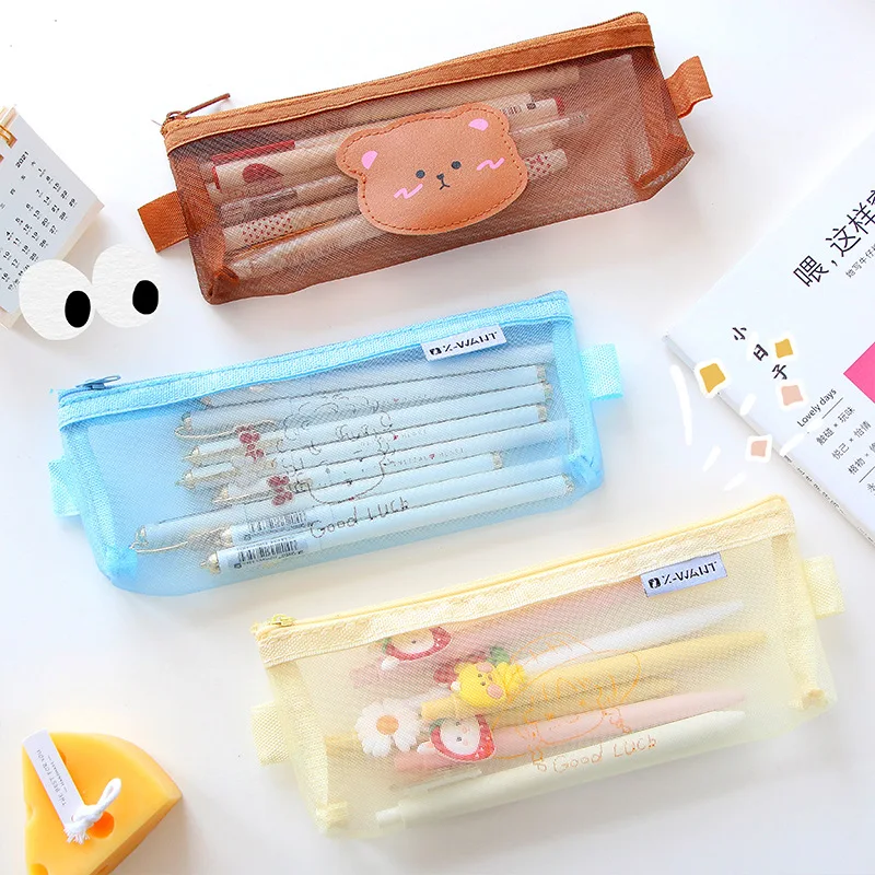 Cute Bear Pencil Case Pen Bag Transparent Mesh Package Coffee Color Storage Pouch for Stationery Office School Supplies