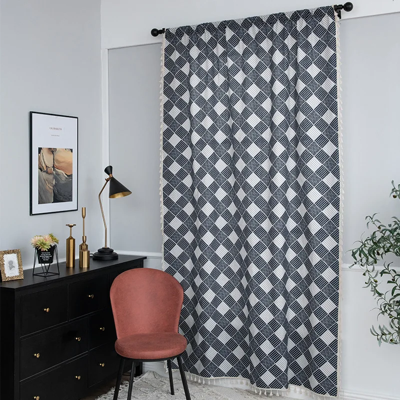 

Finished Curtains Tassel Printed American Kitchen Curtain Bay Window Semi-Blackout Curtain Single Piece