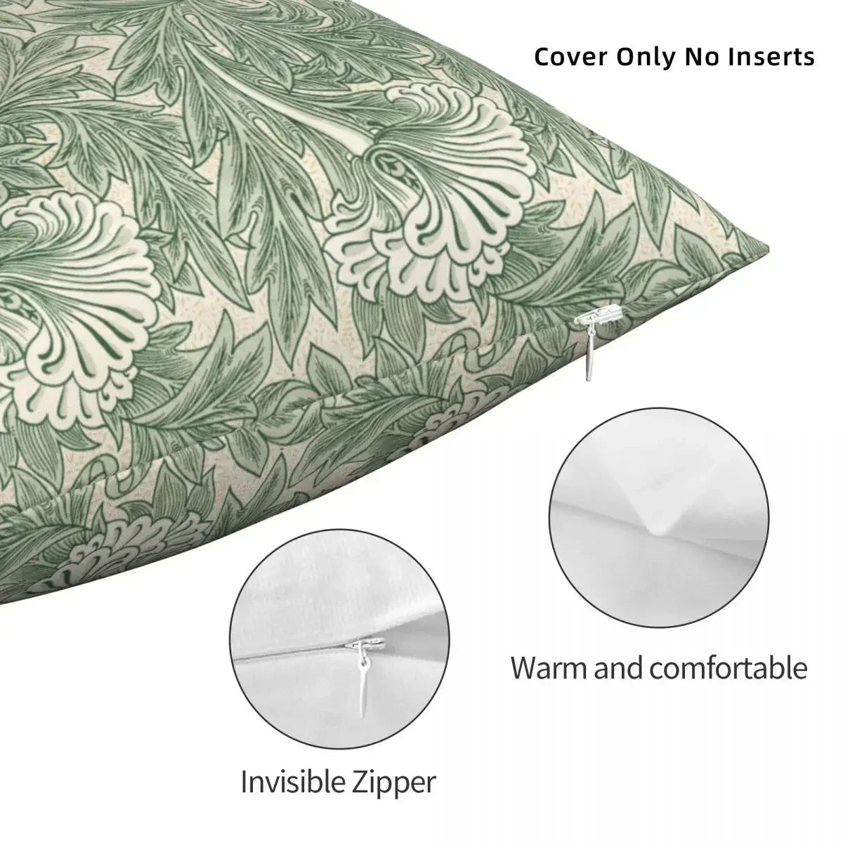 William Morris Tulip Pattern Sage Green Pillowcase Printed Fabric Cushion Cover Decorations Throw Pillow Case Cover Home Zipper
