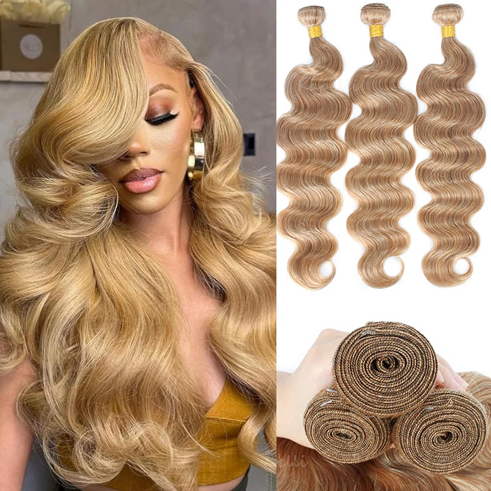#27 Honey Blonde Bundles Human Hair 100% Unprocessed Human Hair Bundles Brazilian Raw Hair Extensions 1/3/4 Body Wave Weave Hair