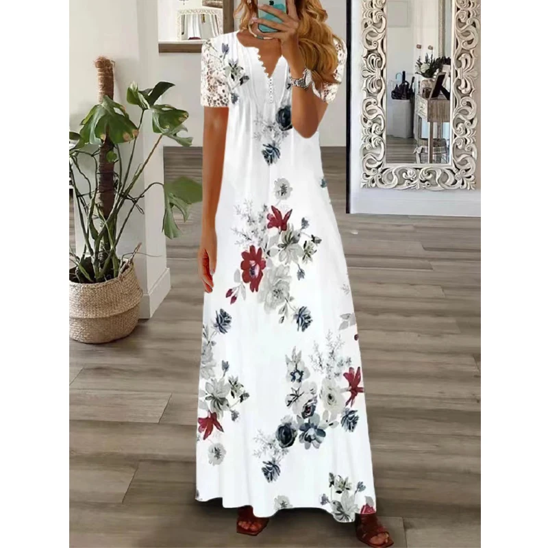 Women Lace Patchwork Floral Print Pleated Elegant Party Long Dresses Summer Trendy V-neck Short Sleeve Beach Maxi Dress Vestidos