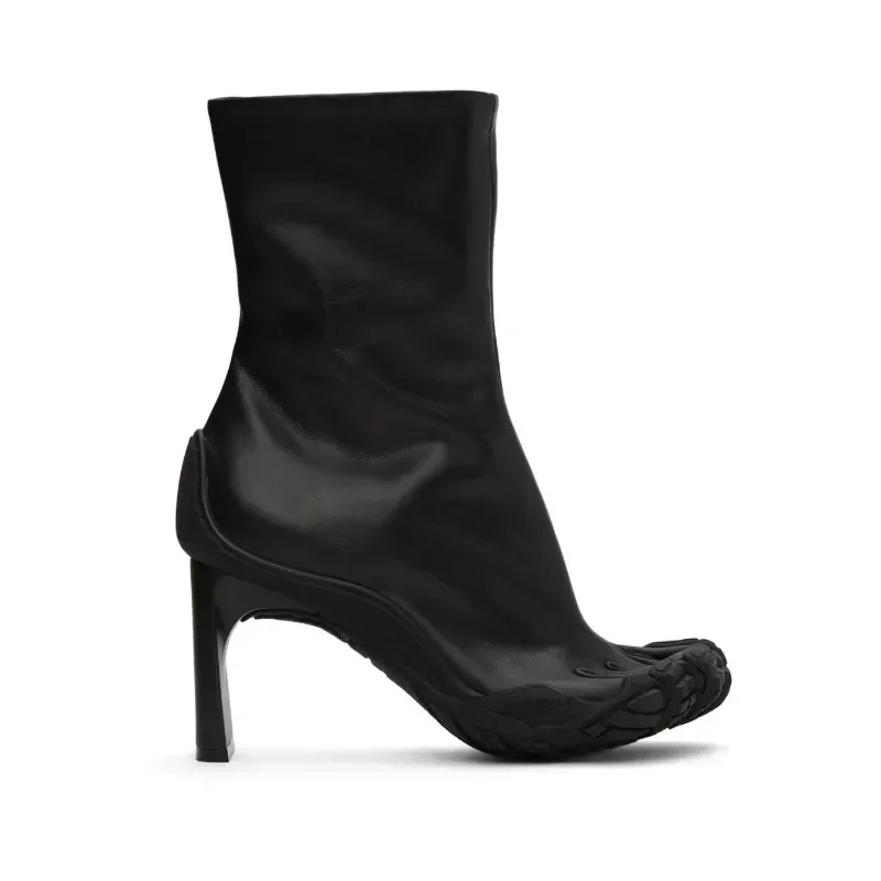 Five Finger Toe Leather Mid Calf Boots Black/pink/white High Heel Ankle Boots 2025 New Elastic Mesh Cloth Luxury Socks Boots