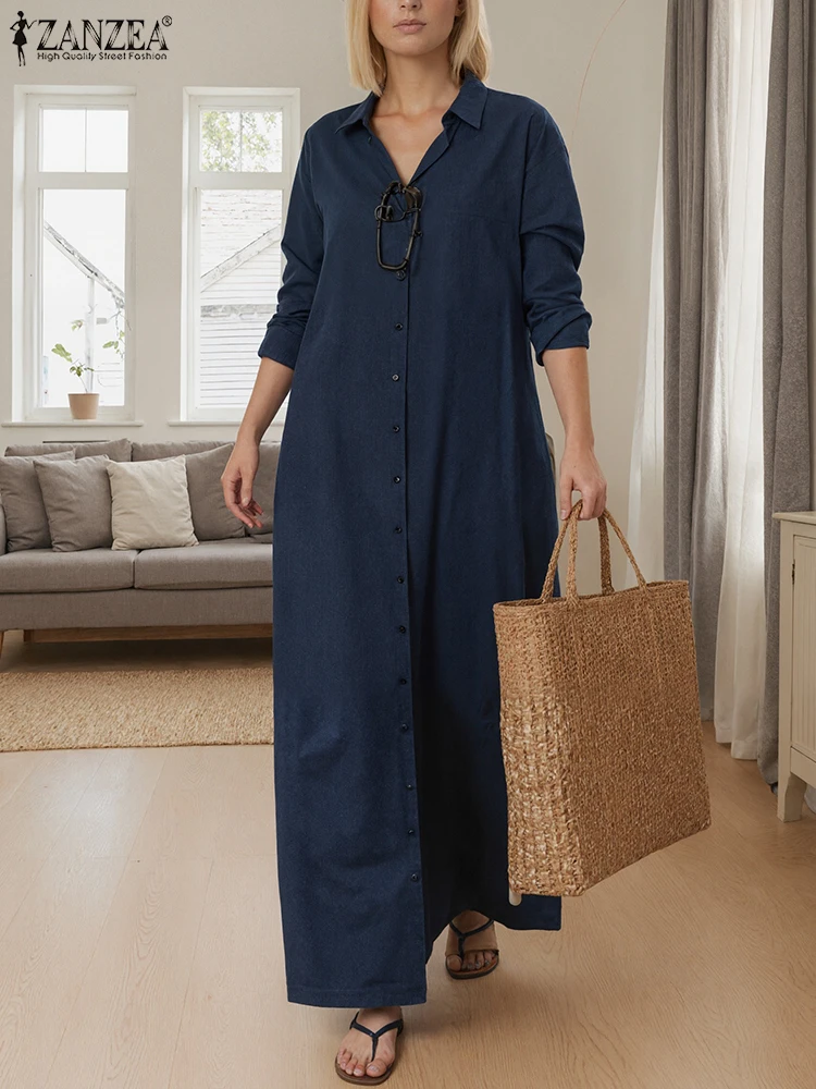 2025 ZANZEA mujeres otoño camisa vestido solapa cuello manga larga Maxi vestido elegante trabajo de oficina sólido Vestidos largos