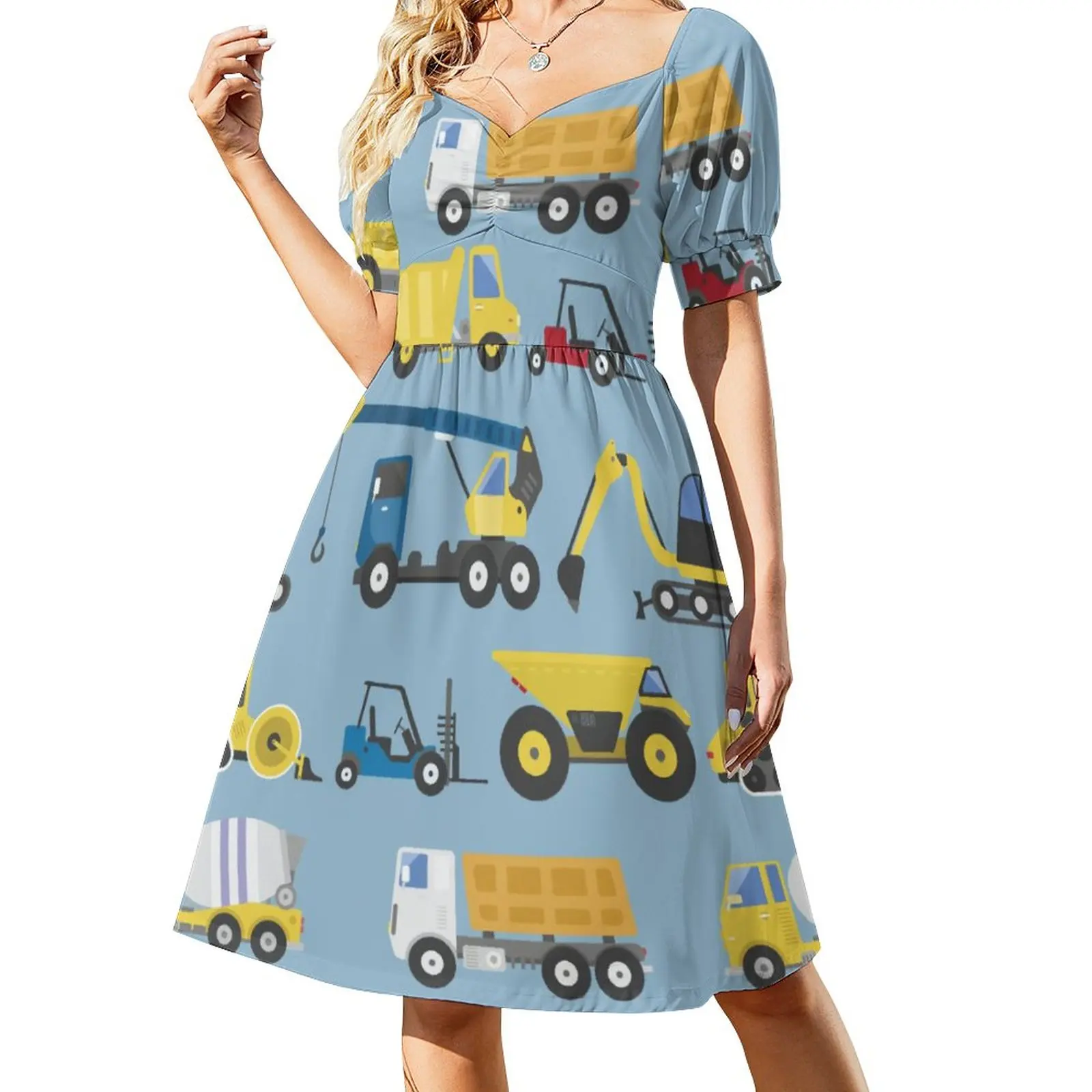 

Construction Trucks Pattern Dress Vintage Dresses Summer Stylish Casual Dress Graphic Vestidos Large Size