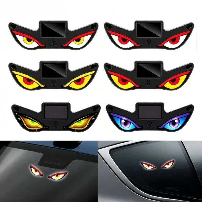 Car Solar Devil Eye LED Warning Light Intelligent Induction Anti-theft Flash Sticker Universal Vehicle Security Decor Lamp