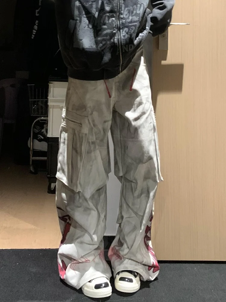 

Американские джинсы с принтом пламени в стиле High Street для женщин, летние, с эффектом потертости, длинные, с высокой талией, свободного кроя