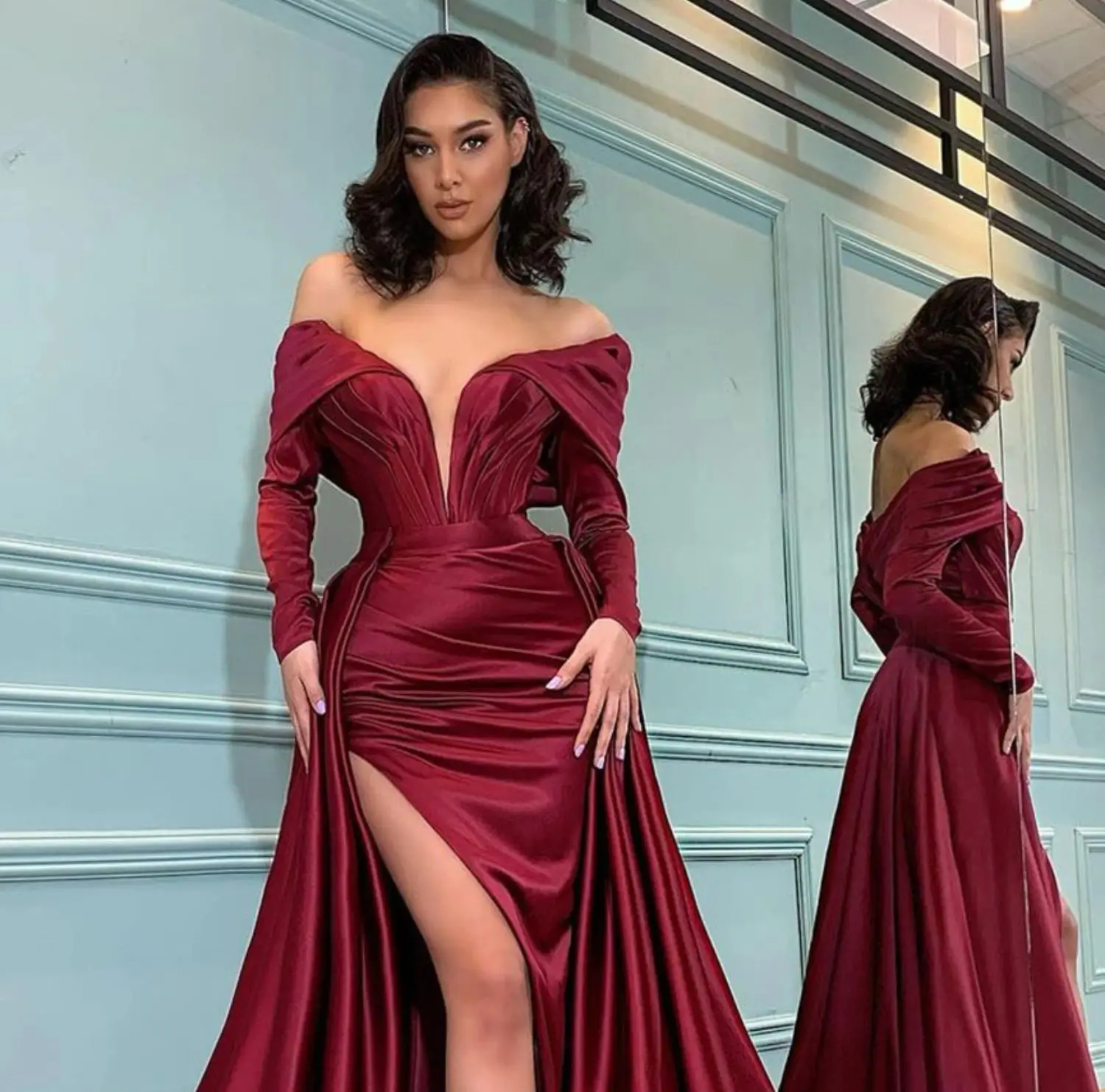 Evening Dress Gala Dresses Woman Customized for Party Dress Women Elegant Luxury Sexy Grace Mermaid Slit Deep Red Satin Prom