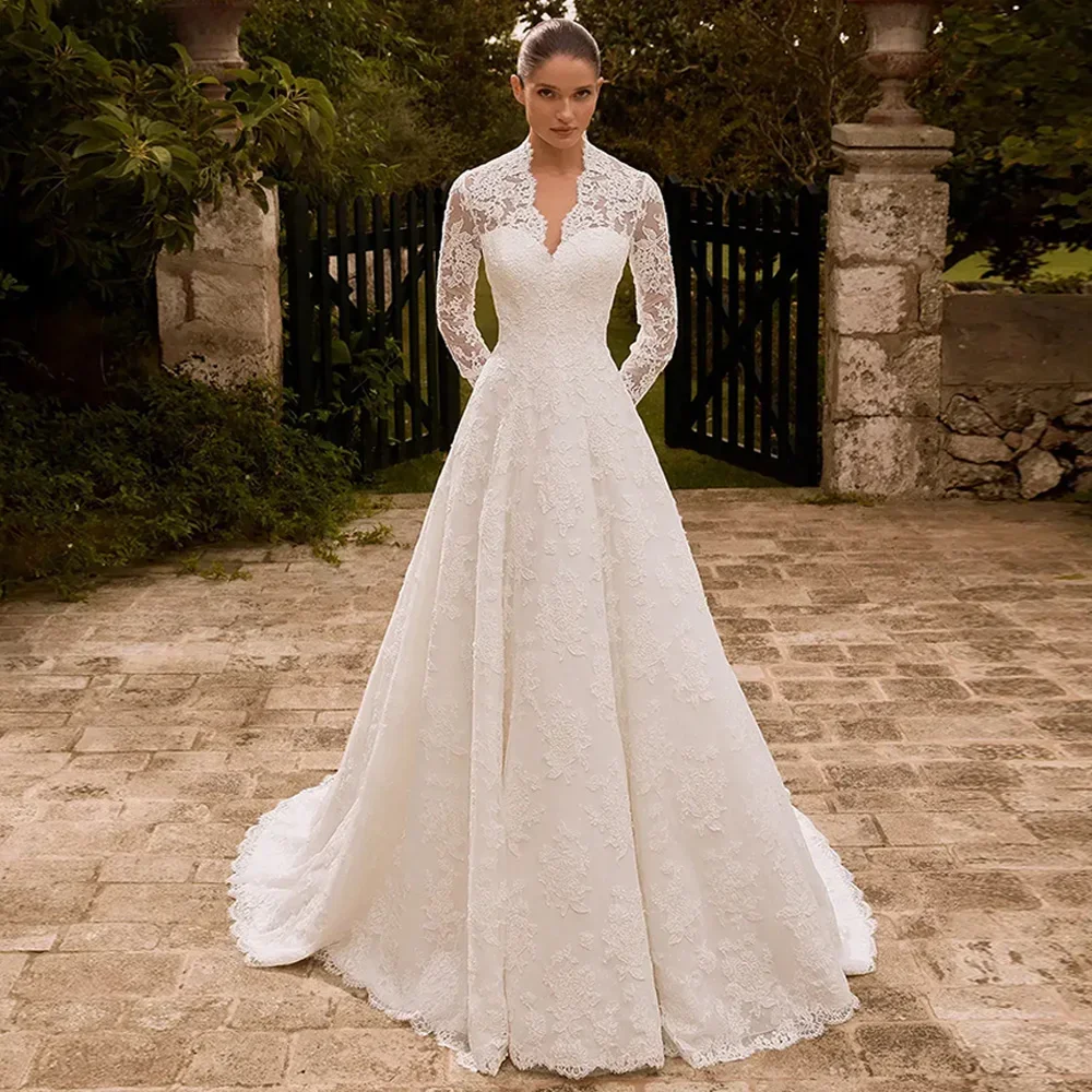 

Modest Arabian Wedding Dresses Long Sleeves V Neck Exquisite Lace A Line Saudi Arabic Bridal Gown Vestidos De Novia