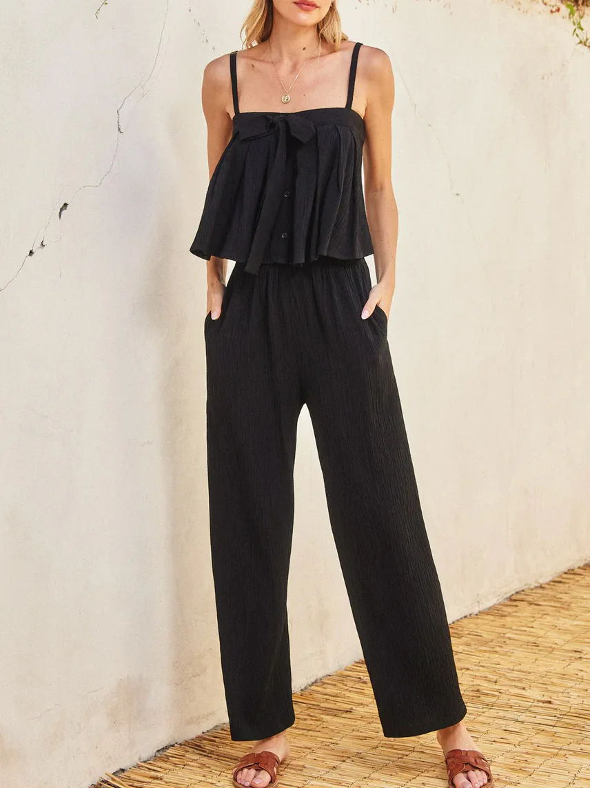 夏の女性のカジュアルスーツ無地蝶キャミソールベスト長ズボン 2 点セットシンプルでファッショナブルな夏の服装