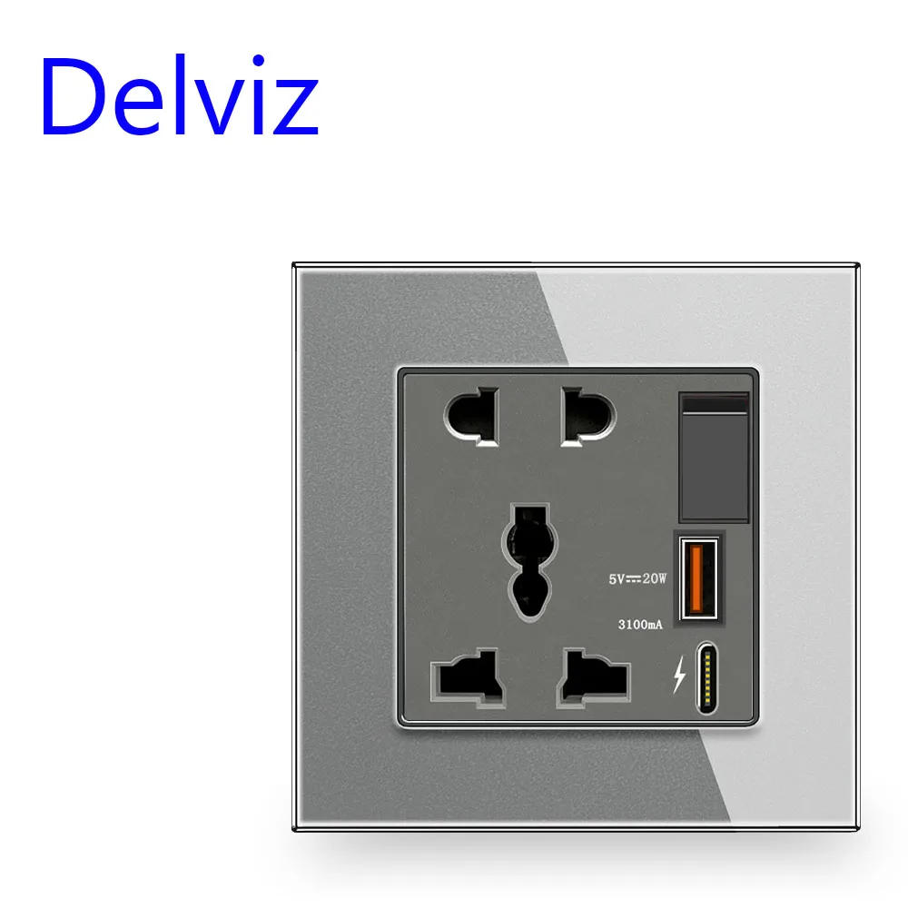 

Настенная розетка Delviz USB Type-C, панель из закаленного стекла, 20 Вт, мА, USB-порт для быстрой зарядки, переключатель управления, универсальная розетка 13 а