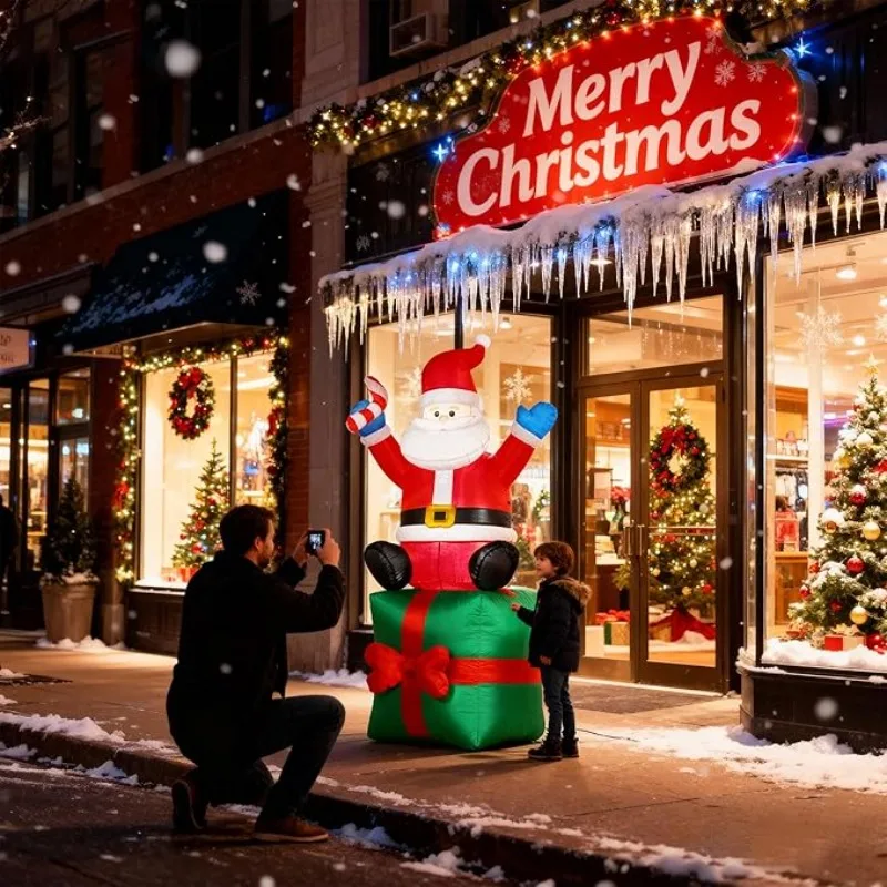 

Christmas Inflatable Santa on Gift Box Decorations LED Light Up Weatherproof Outdoor Yard Lawn Xmas Holiday Party Decorations