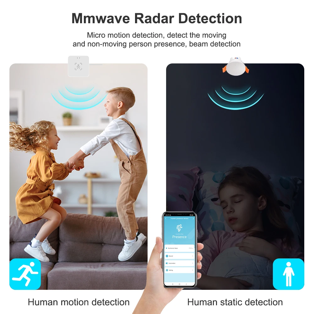 ZigBee MmWave Radar Sensor de movimento de presença humana 24G Montagem no teto Luminância/detecção de distância Tuya Automação residencial