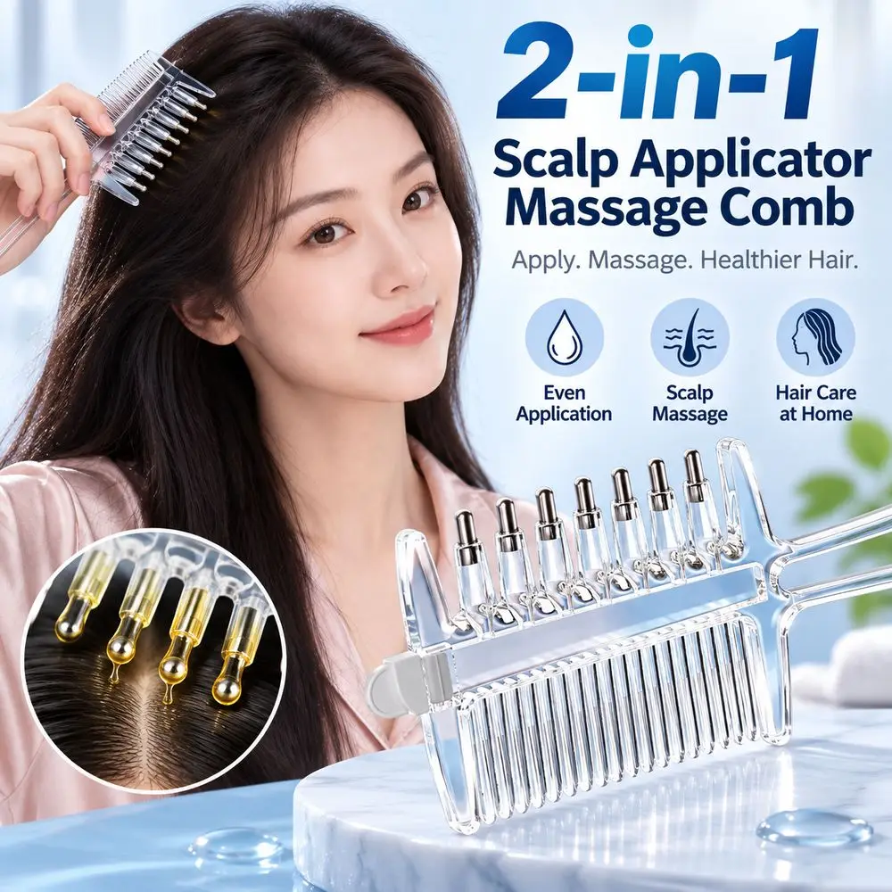 2-in-1 Function Essential Oil Applicator Comb Rolling Metal Teeth Transparen Hair Oil Serum Brush Built-In Liquid Reservoir
