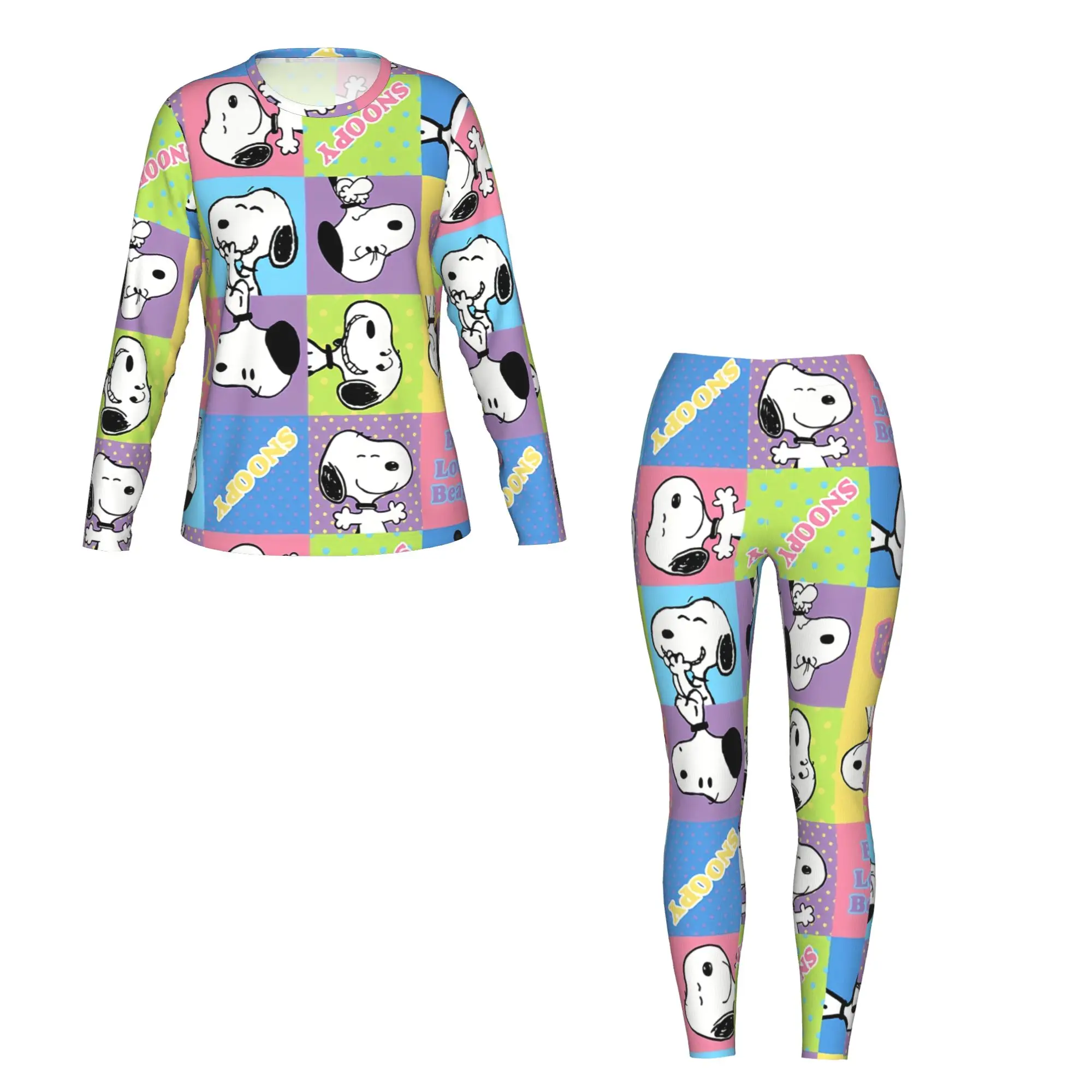 Snoopy милый принт из 2 предметов, женская футболка с длинными рукавами, леггинсы, комплект, подходящий для домашних путешествий, фитнеса и т. д.