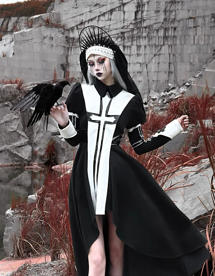 

Blood Supply Original Nun Cross Goth Dress Long Sleeve Suede PU Leather Patch Asymmetric Black Dress Halloween Dark Dress Autumn