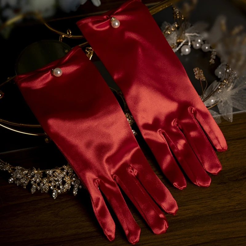 Simple Cheap Red Bride Gloves Satin Full Finger Pearls Wrist Wedding Party Accessories Bridal Women Gloves Evening Prom Glove