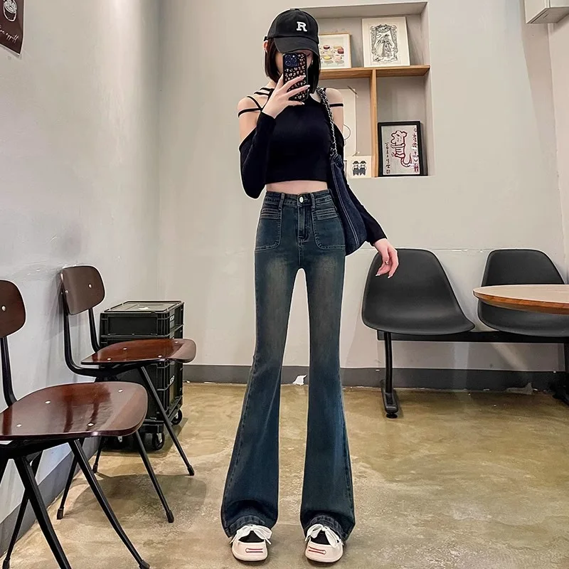

Cement Gray Flared Jeans For Women, Autumn New High-Waisted Stretch Slim Fit Petite Floor-Length Bootcut Pants Trendy