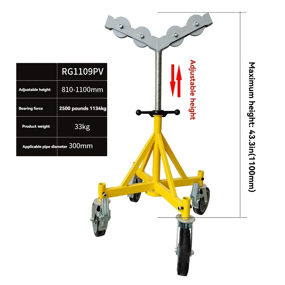 Roller bracket with adjustable height, adjustable pipe bracket with wheels, four supports with heavy-duty pipe bracket support