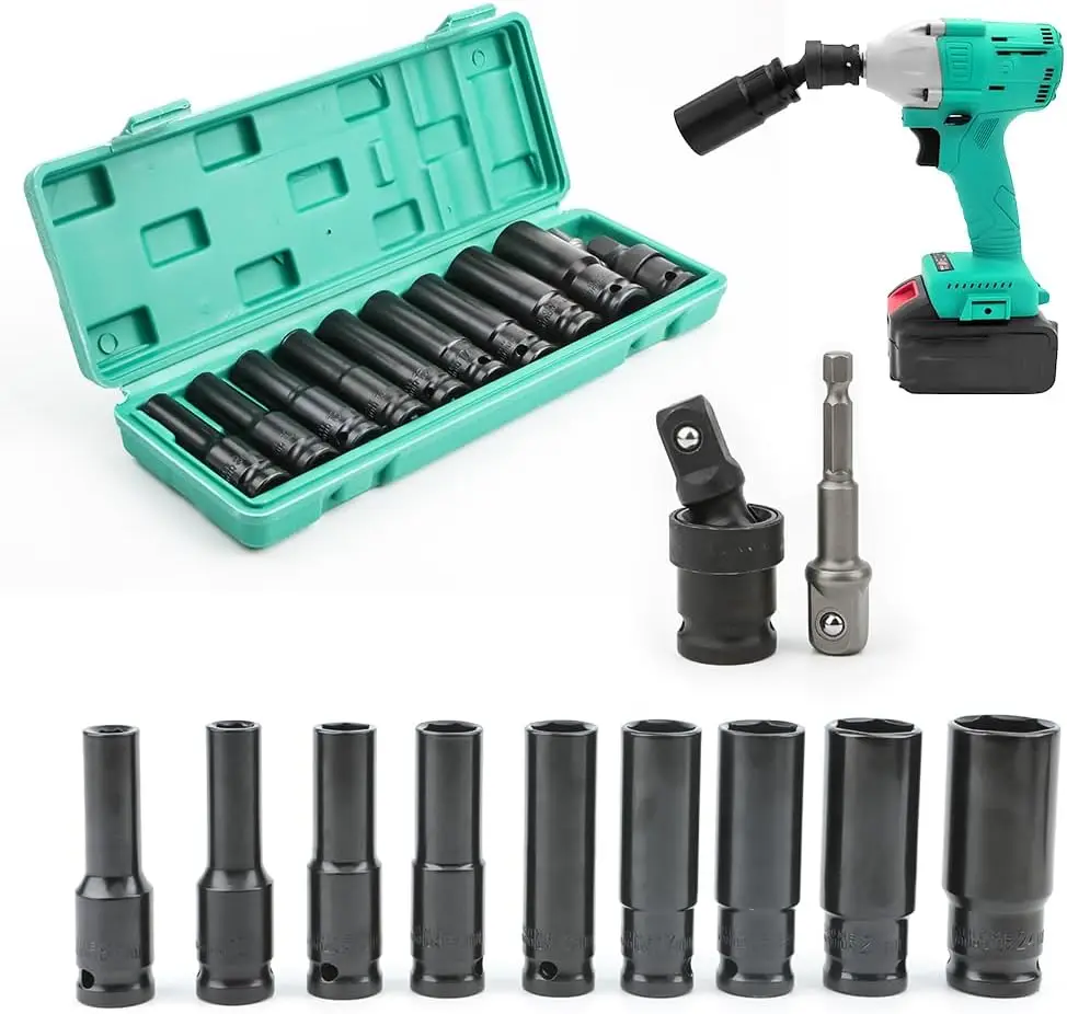 

11 pcs 1/2' Metric Deep Impact Socket Set, 8-24mm, Swivel Joint, 1/4' Adapter, Hex Drive, for Power Drill & Impact Driver