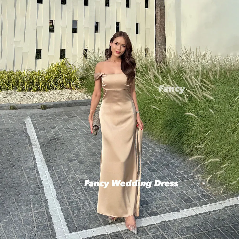 

Fancy Sexy Brown Off Shoulder Evening Dress Mermaid Short Sleeves Prom Gown Ankle Length Back Corset Customized