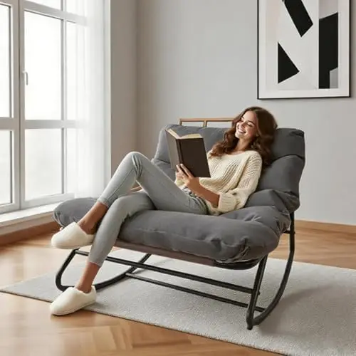 Oversized Papasan Rocking Chair with Plush Cushion, 350 Lbs Weight Capacity Stable Patio Rocker, Multi Use Indoor