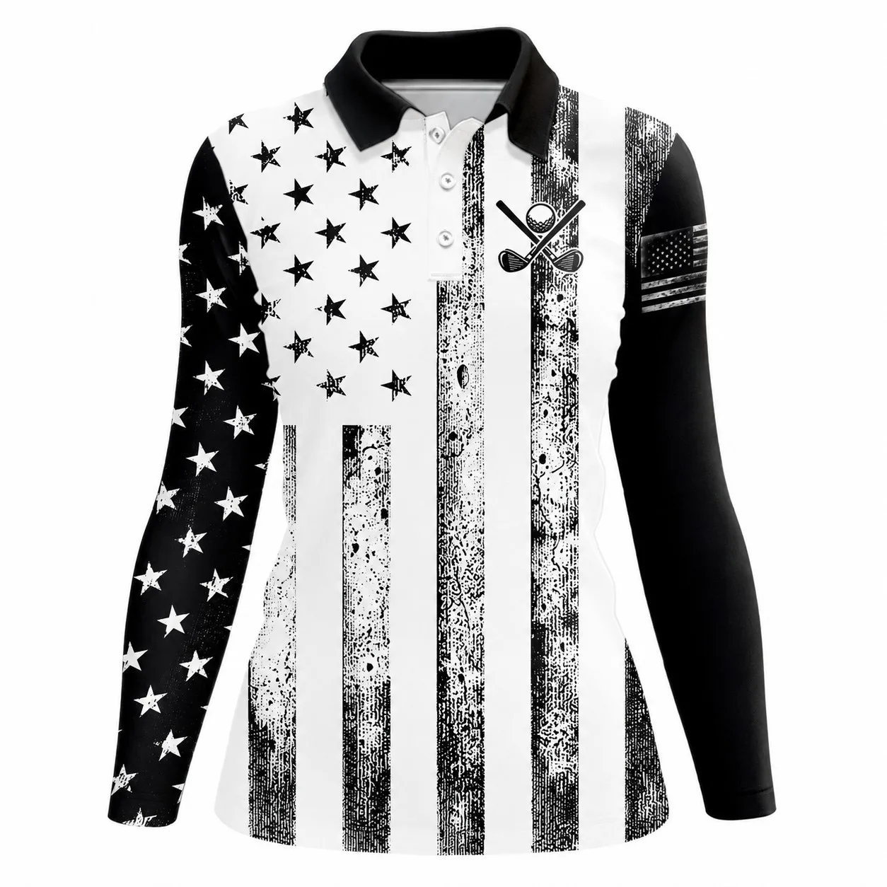 New Fashion Streetwear Style Outdoor Golf Top Women's Printed Long-Sleeve Polo Shirt, Black and White Printed Casual T-Shirt