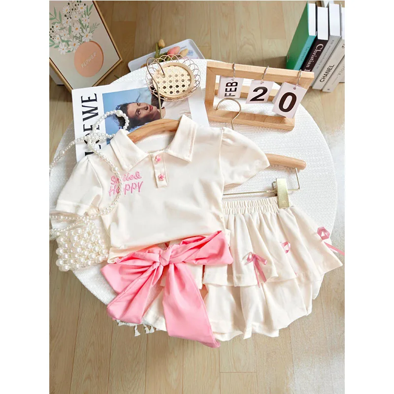 2024 Girls Polo Shirt Suit Baby Cute Bowknot Halter Skirt Set Summer New Children's Fashion Casual Sweet 2 Pieces 3-8 Years Old