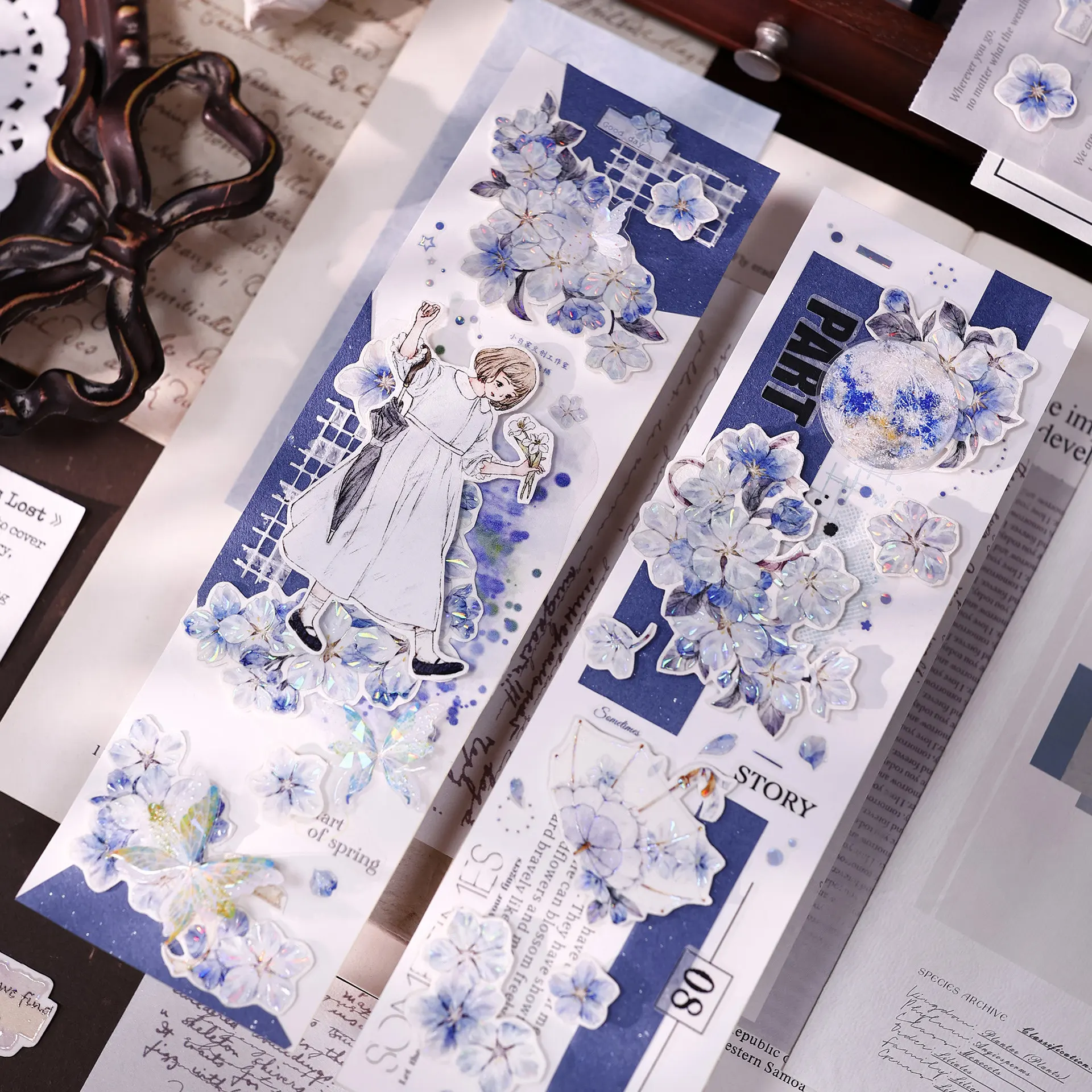 XiaoBaiJia Studio Vintage Blue Sakura Falling Floral Washi Paper Tape Planner DIY Card Making Scrapbooking Decorative Sticker