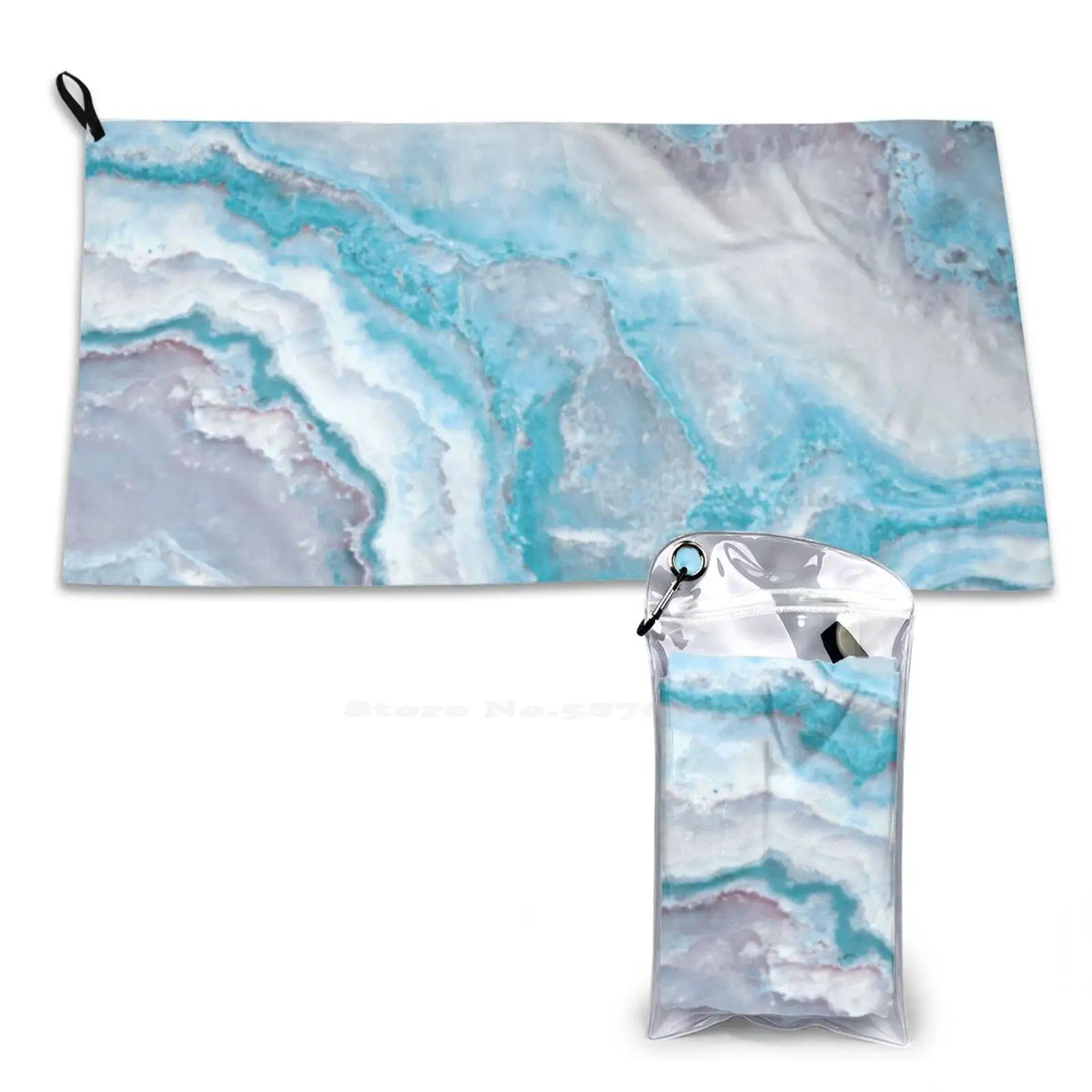 Luxury Mermaid Blue Faux Agate Marble Geode Gem Soft Towel Quick Dry Beach Towel Nature Texture Geode Terrazzo Trendy Glitter