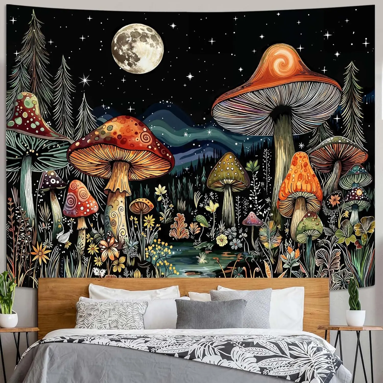 Vintage Mushroom Forest Tapestry Moon Night Floral Tapestries Wall Hanging Nature Plant Small Tapestry for Bedroom Living Room view 3