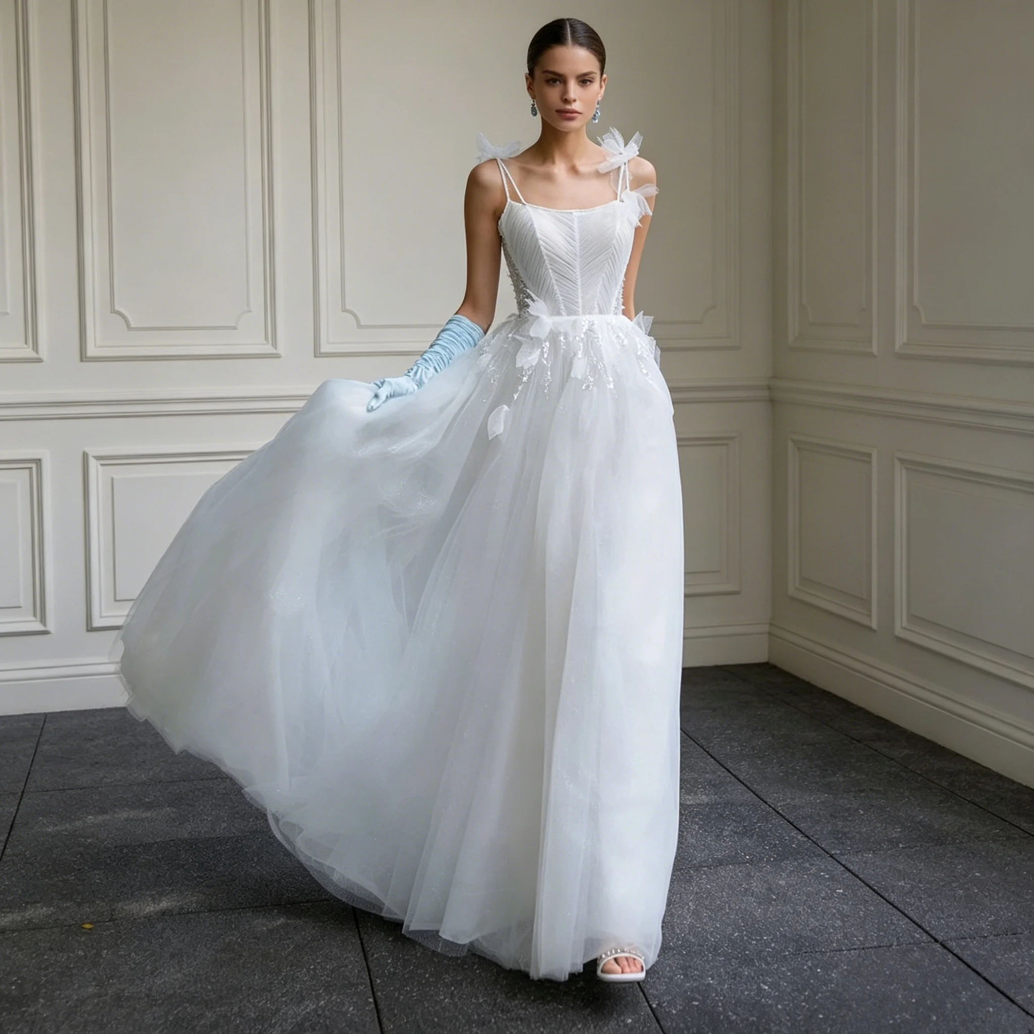 Fairy Ivory Sparkle Tulle Bridal Gown Pearl Side Panel Butterfly Floral Appliques Sleeveless Garden Wedding Dress Customizable