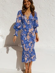 Floral Print Lantern Long Sleeve Elastic Midi Dress Women Chiffon Sexy Bodycon Ruffles Elegant Evening Party Dress Vestidos 2022