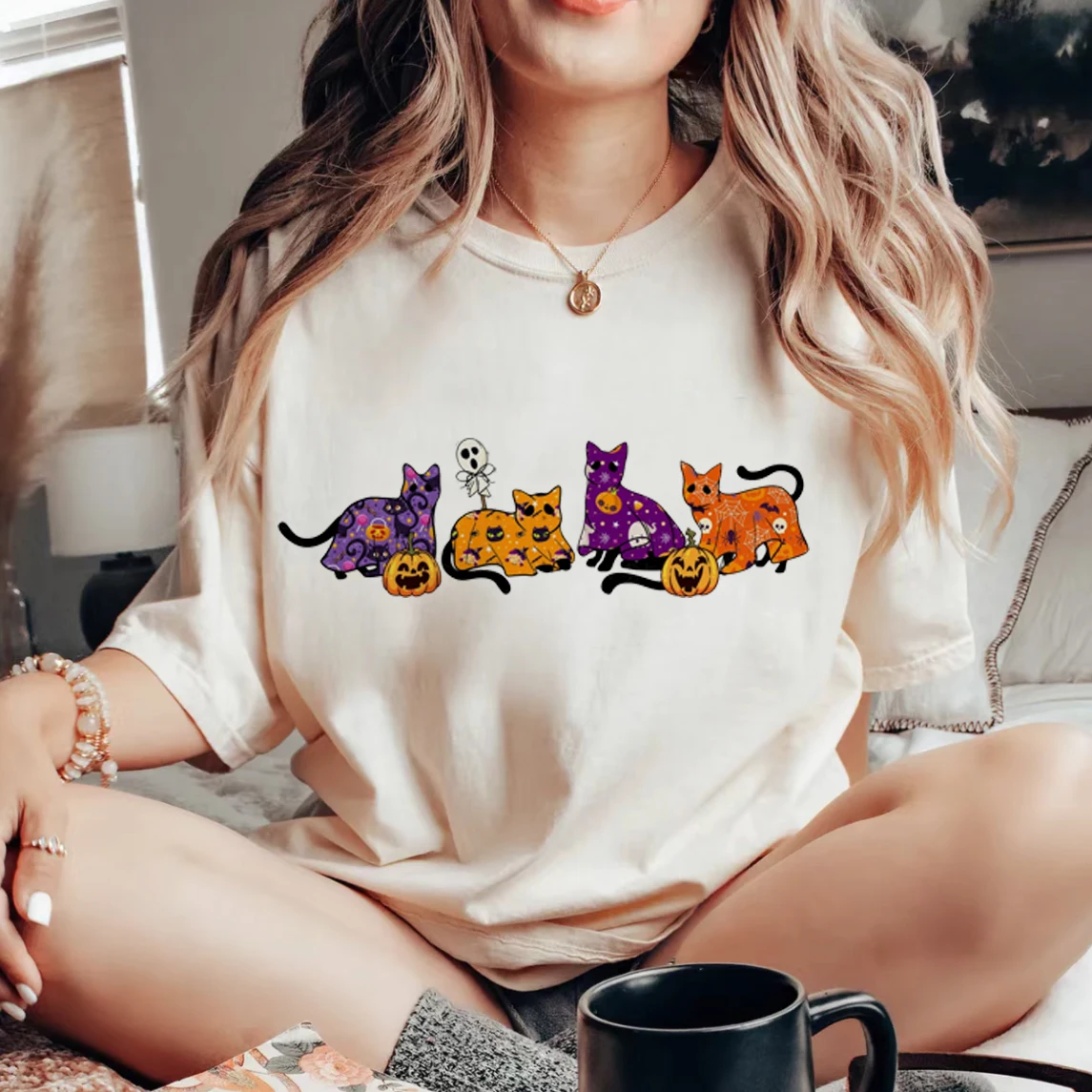 T-Shirt Pattern T-Shirt Short Sleeve Clothing Cartoon Style Cute 90s Funny Pumpkin Print Top Women\'s Plus Size O-Neck T-Shirt.