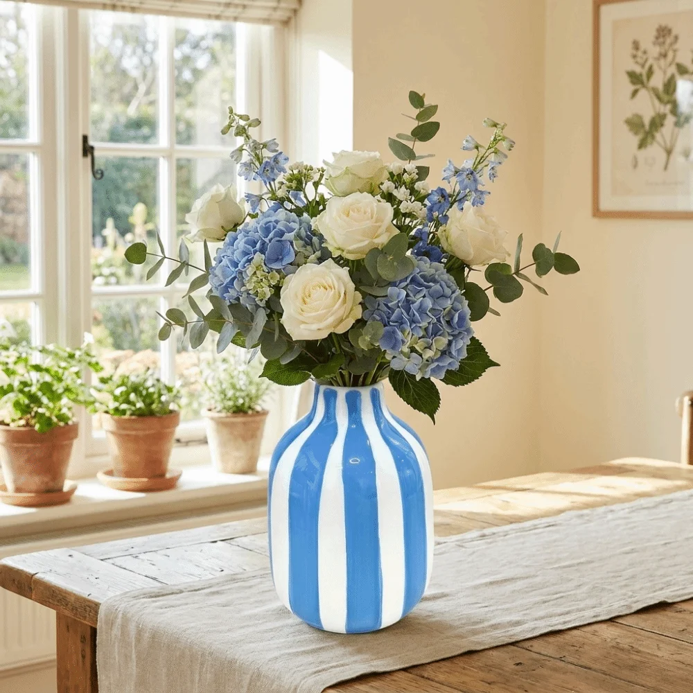 Nordic Style Ceramic Vase Candy Color Decorative Vase Stripes Vase Minimalism Flower-Wrapping Vases Restaurant Centerpiece