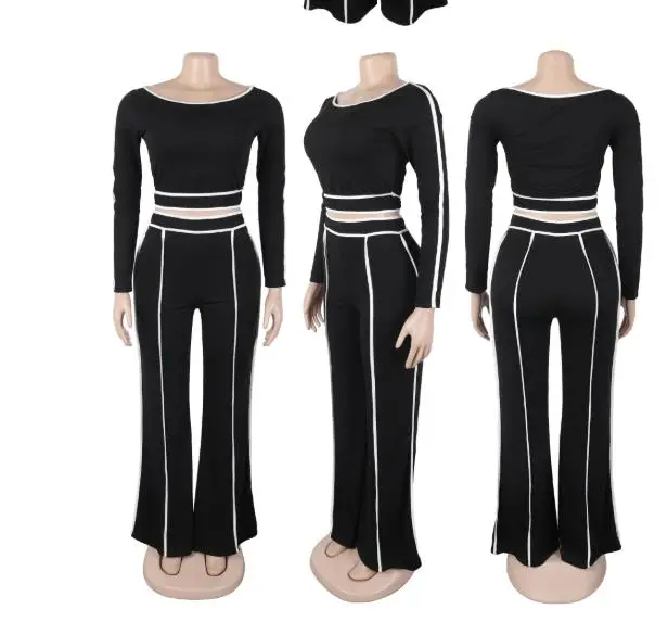 

Комплект из двух предметов. Женский наряд. Весна 2023. Новый укороченный топ с открытыми плечами и длинными рукавами. Повседневный комплект с широкими брюками с высокой талией.