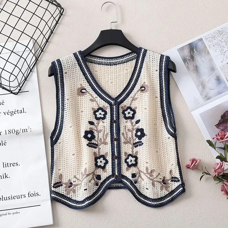 

Vintage Embroidery Sweater Vest Female V-neck Knitted Cardigan Top 2023 Spring and Autumn Sleeveless Outer Wear Single Breasted