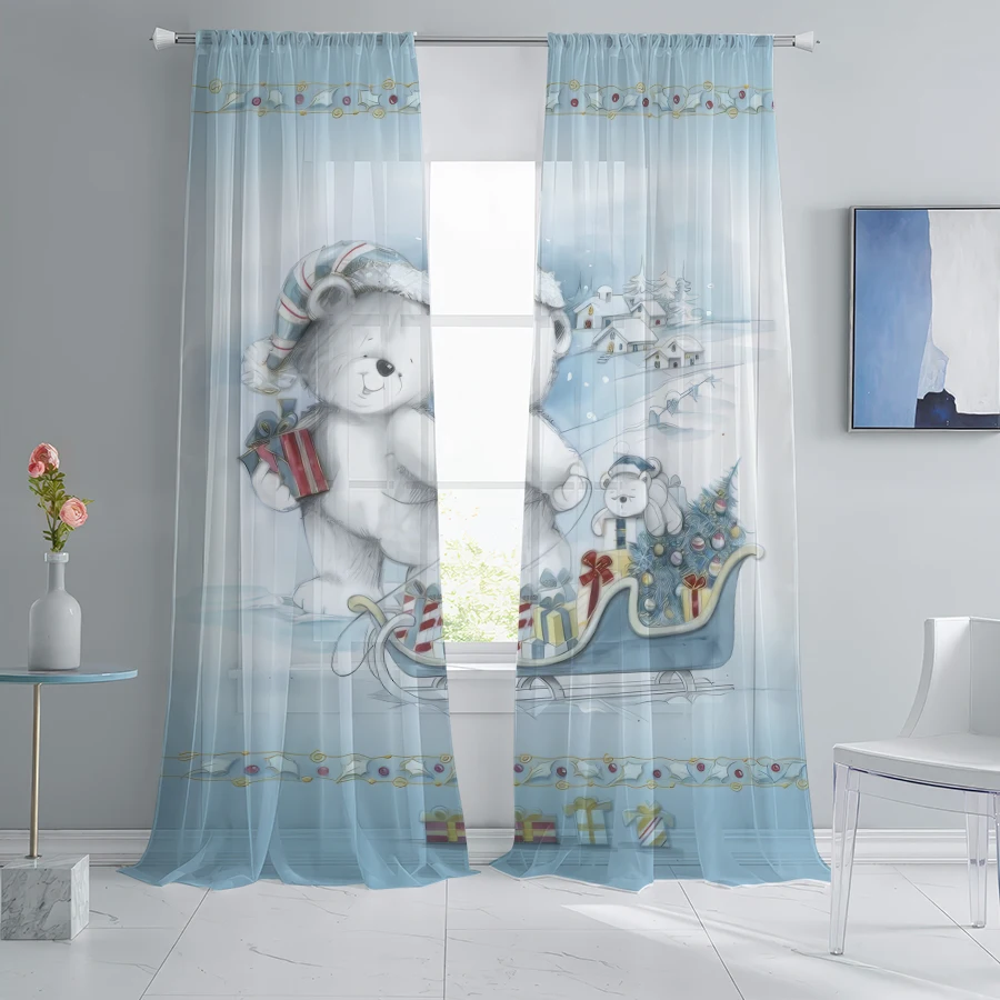 2PCS Polar Bear Sleigh Sheer Curtains, Christmas Teddy Bear Gift Print, Rod Pocket Window Drapes for Xmas Kids Room Decor