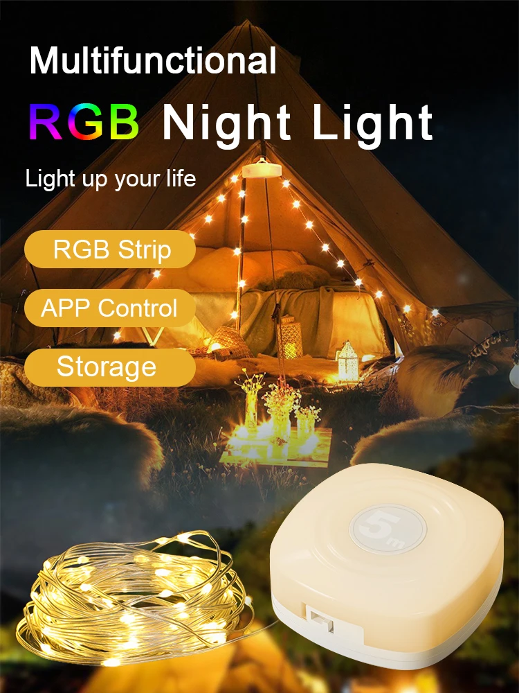 LED Night Light RGB Camping String Lights Outdoor Waterproof Smart APP Portable Stowable USB Charging Decorative Ambient Lights