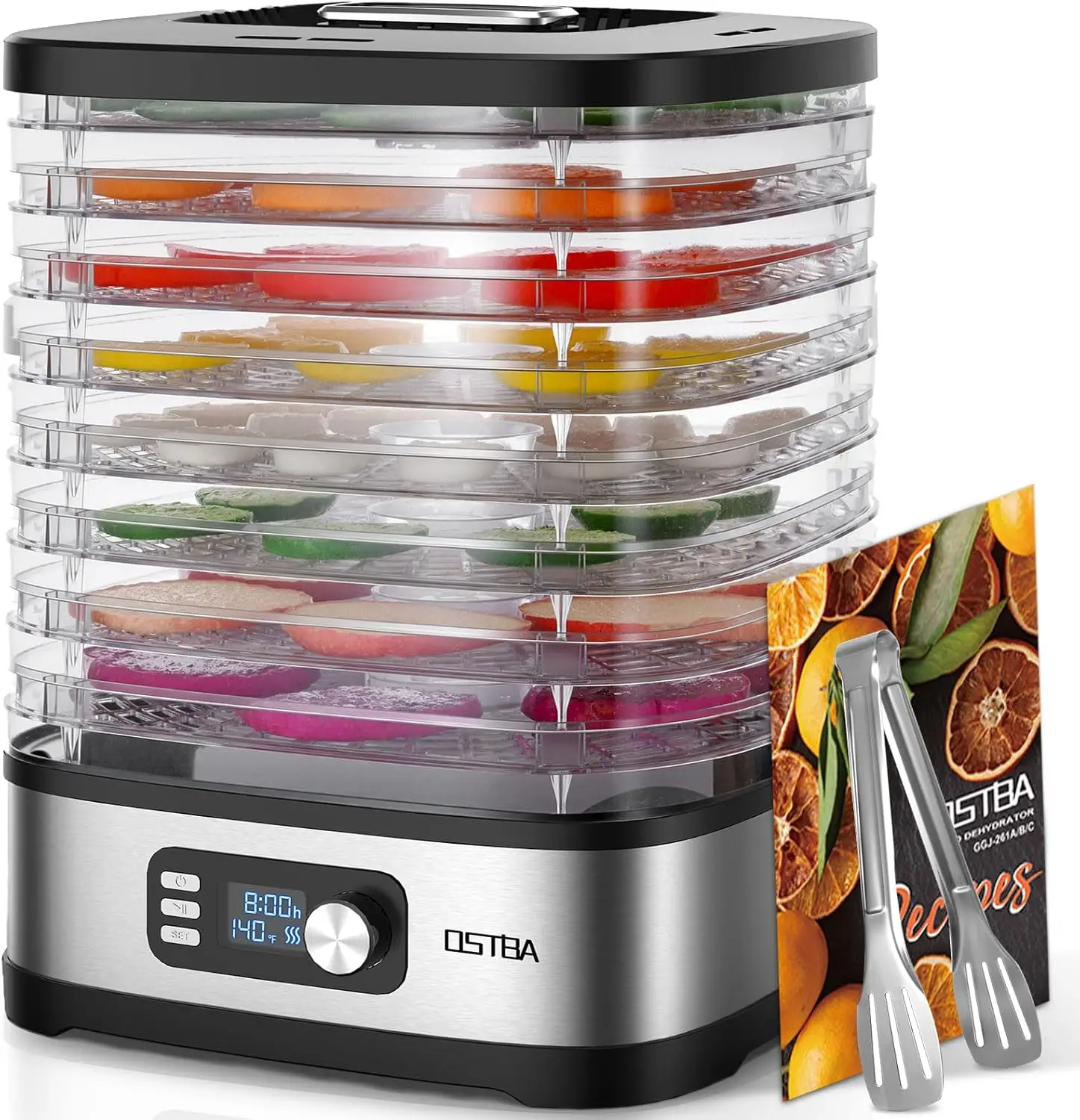 

8-Tray Food Dehydrator, 72H Timer & Temp Control up to 158℉, Includes 8 Mesh Sheets, 1 Fruit Roll Tray, 1 Tongs, Recipe