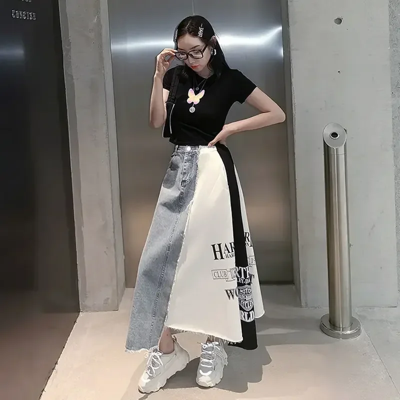 2025 Spring Autumn New Fashion Skirts Women Korean Loose Letter Printing Denim Skirt High Waist Mid-length Skirt