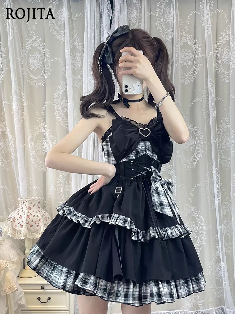 

Lolita Style Y2k Punk Checked Waist Suspender Dress 2025 Summer New Fashion Sweet Cute Elegant Vintage Women's Dresses