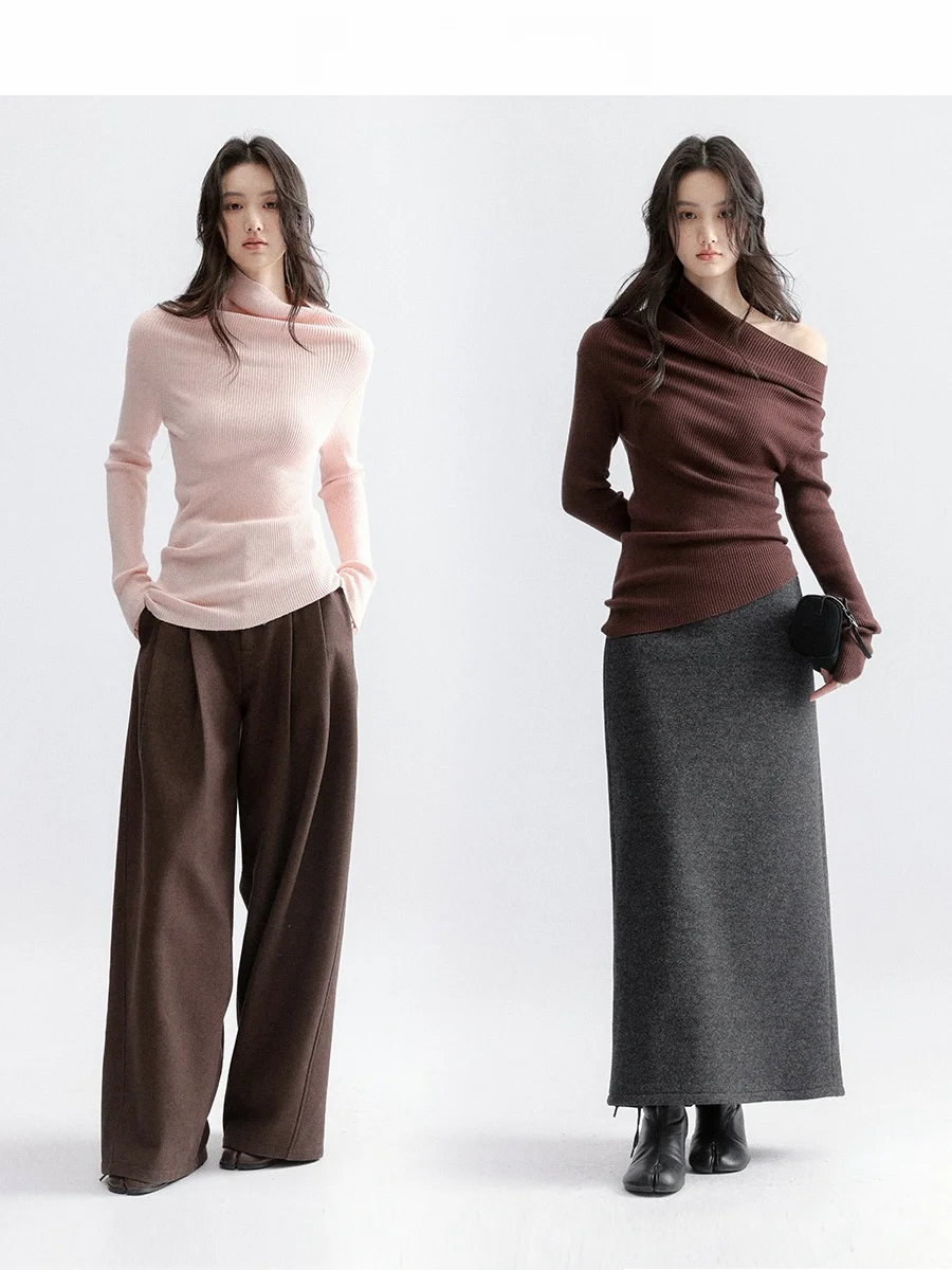 

Простой ленивый асимметричный вязаный свитер с плечами, женский зимний модный повседневный внутренний свитер из смеси полиэстера, акрила и нейлона