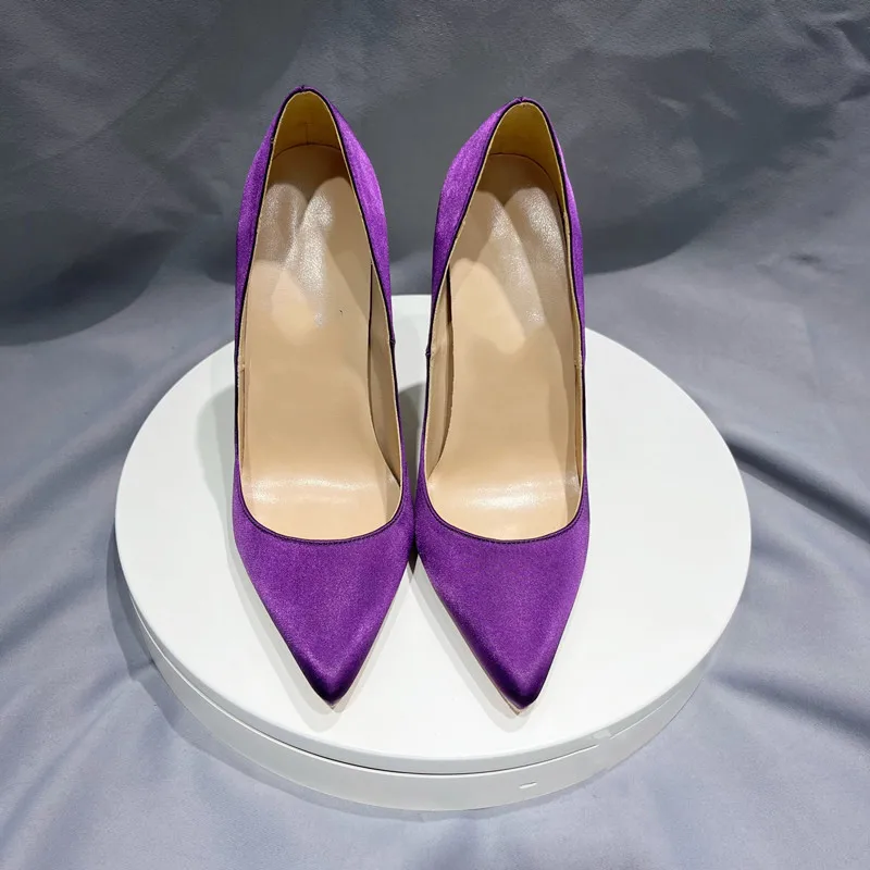 Tikicup Solid Purple Satin Silk Women Pointy Toe High Heel Wedding Bridal Shoes Elegant Ladies Slip On Stiletto Pumps Customize