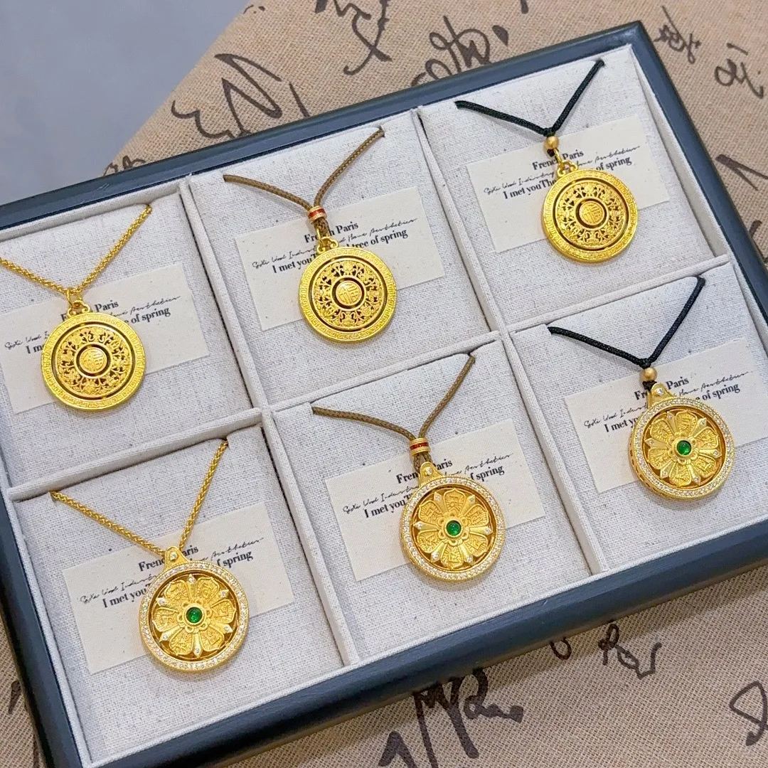 

Unisex 24K Gold AU999 Lotus Six-Syllable Mantra Rotating Compass Pendant - Pure gold, auspicious, ideal for collection