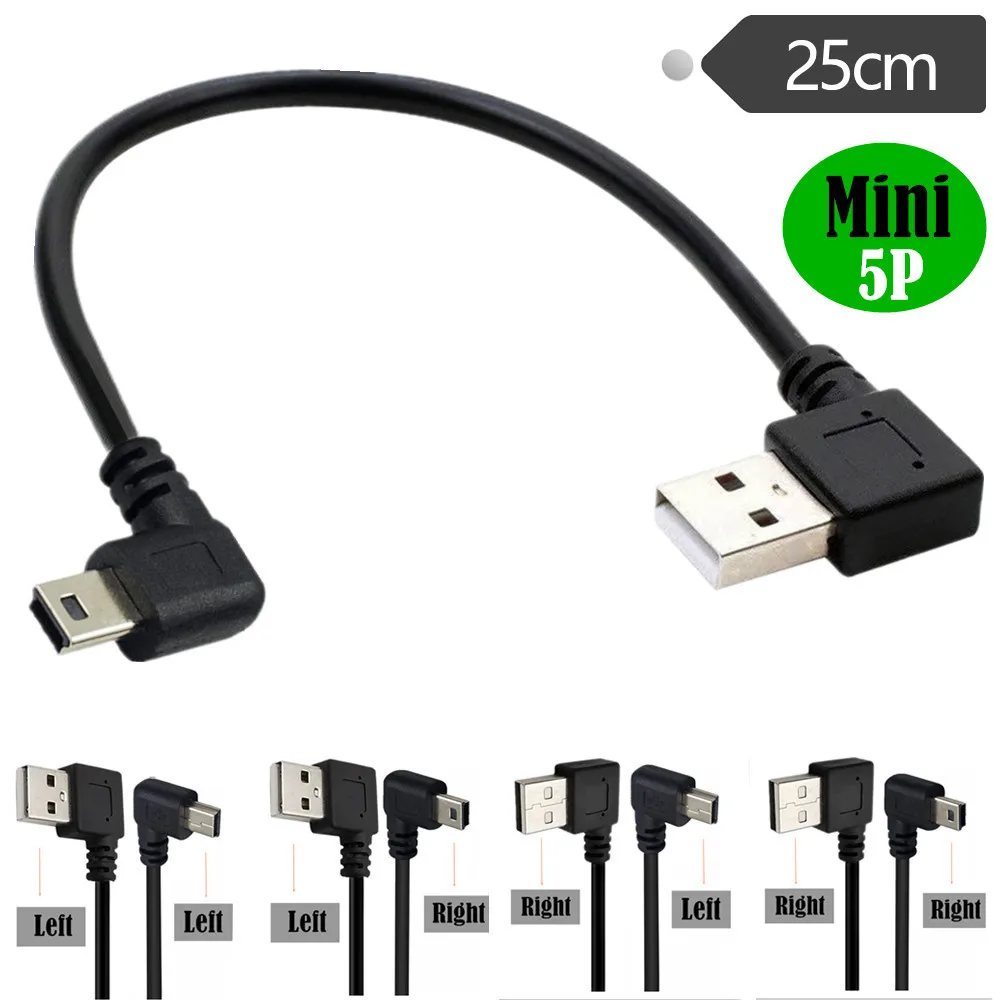 Double 90 Degree Right Angle Mini USB 5 Pin T Port Short USB 2.0 Cable Type A Male to Mini B Fast Charger Date Cable 25CM 1.5m