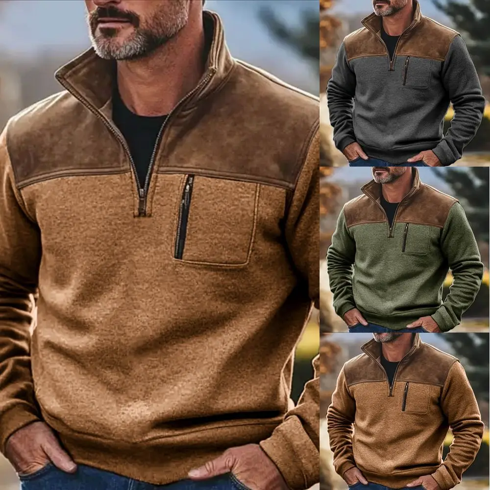 2025 New Men Half Zip Fleece Pullover Color Block Casual Top Multi Pocket Design Autumn Winter Warmth