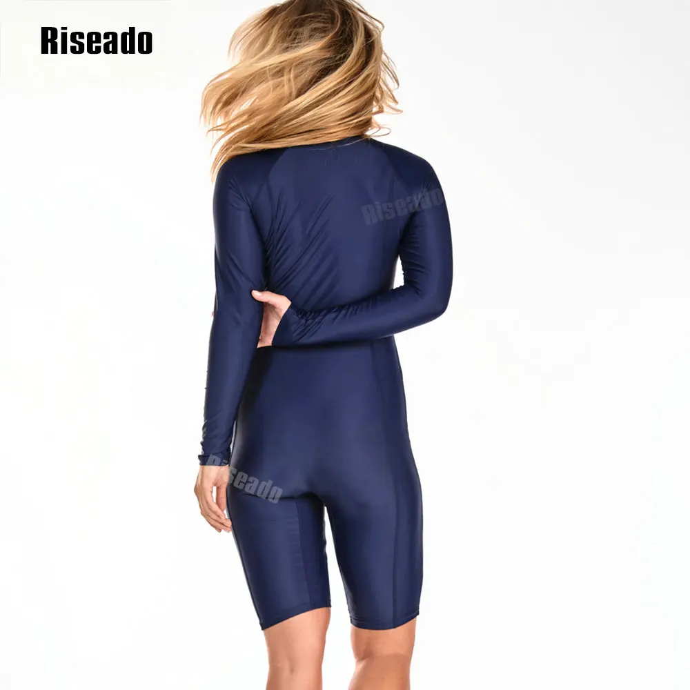 Costume da bagno intero da donna costume da bagno imbottito Rash Guard a maniche lunghe protezione UV muta da Surf blu Navy con Zip frontale