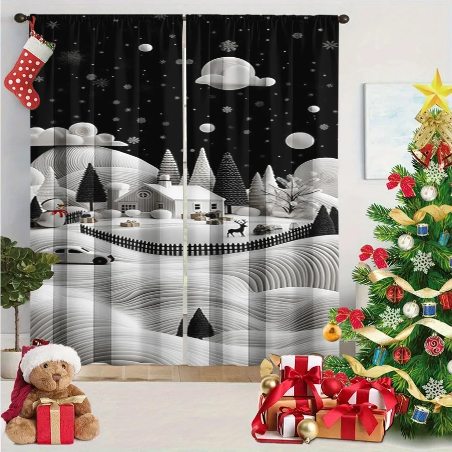 2PCS Christmas Winter Curtains, Paper Art Christmas Village Snowman Reindeer, Digital Print, Bedroom Living Room, Home Decor
